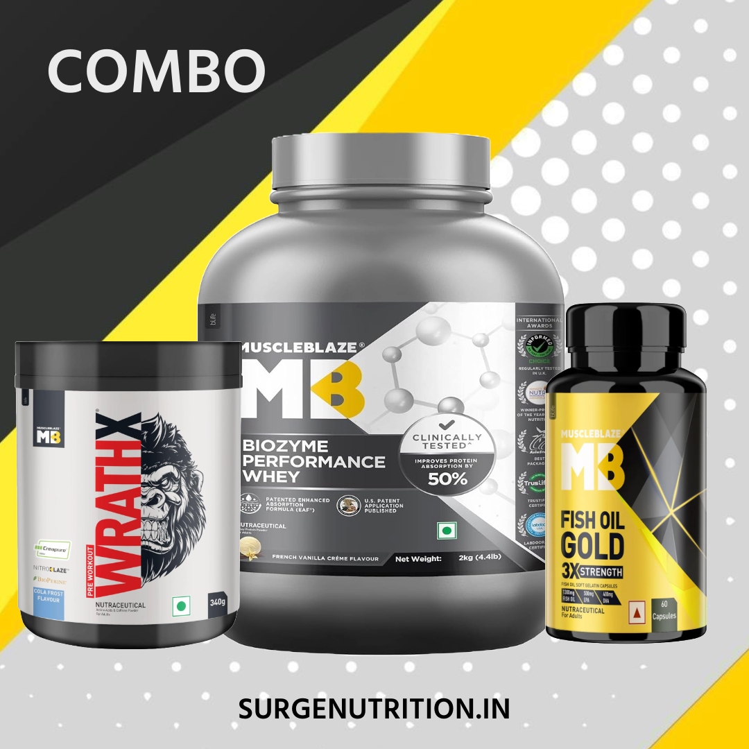 Muscleblaze biozyme performance whey 2kg & Muscleblaze fishoil gold 60caps & Muscleblaze wrathx pre workout 340g.