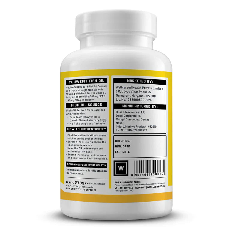YouWeFit Omega-3 Fish Oil (30 Capsules)| 1250mg Triple Strength Fish Oil Capsules