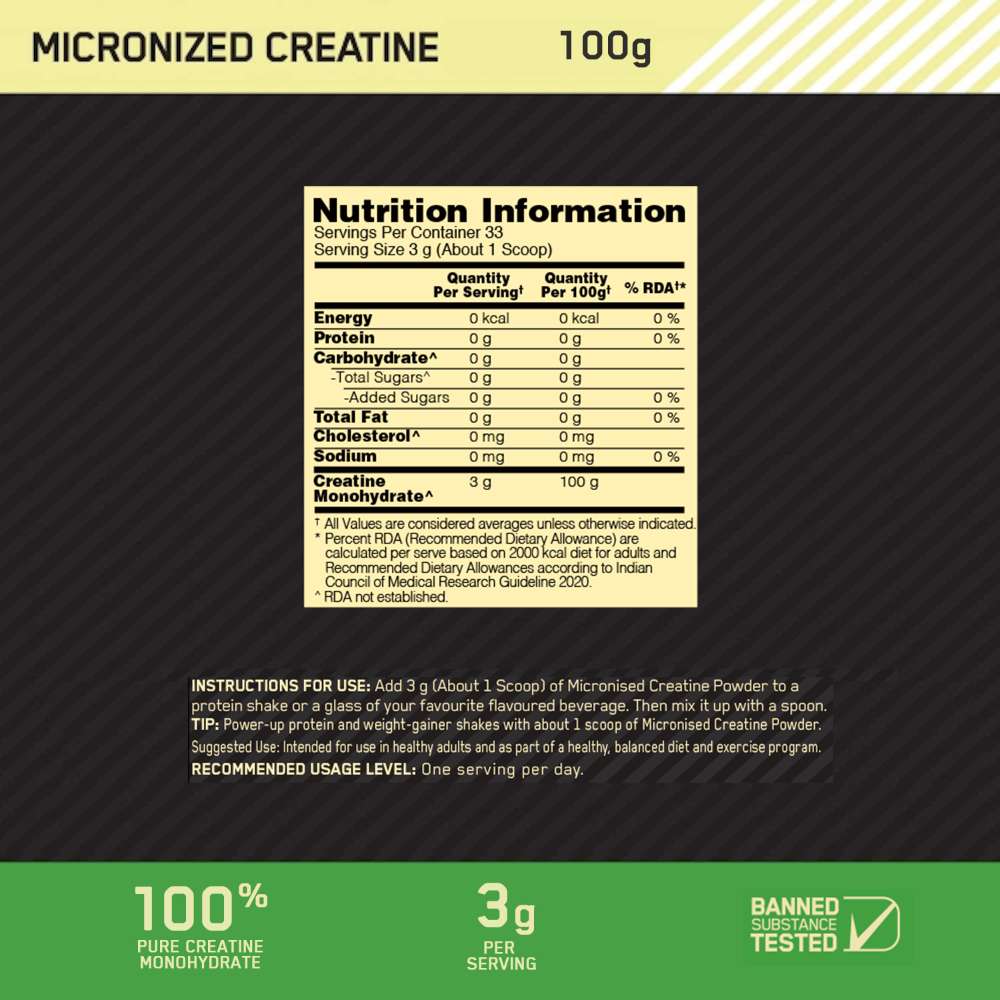 Optimum Nutrition (ON) Micronized Creatine Monohydrate Powder - 100 gm (0.22 Lb)