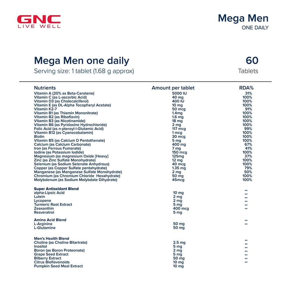 GNC MEGA MEN ONE DAILY MULTI VITAMIN - 60TABLETS IMPROVES IMMUNITY & OVERALL HEALTH