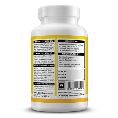 YouWeFit Omega-3 Fish Oil (30 Capsules)| 1250mg Triple Strength Fish Oil Capsules